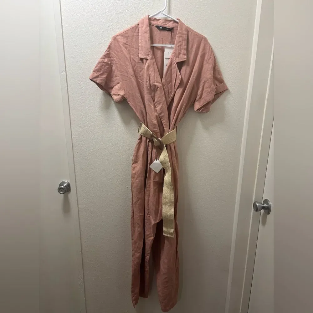 Zara Romper Women’s size Large pink NWT belted linen romper travel summer